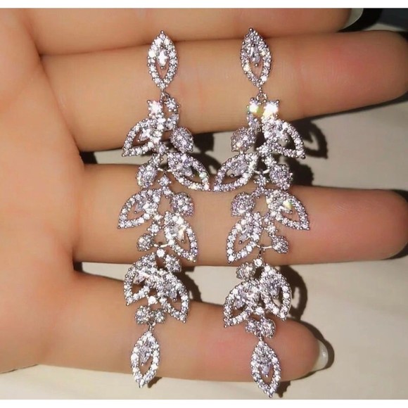 14K Gold Plated Leaflet Special Occasion Dangle Drop Earrings - Picture 5 of 10